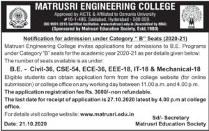 BE B-Category Admissions Notification 2020-21 – Matrusri Engineering ...